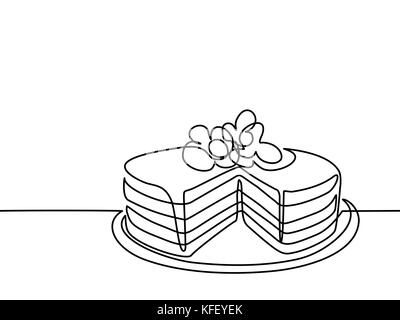 Rappresentazione in linea continua della grande torta. Illustrazione vettoriale con linee nere su sfondo bianco. Illustrazione Vettoriale