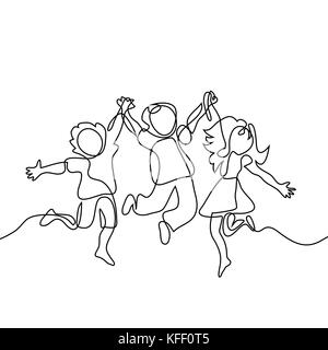 Felice saltando i bambini tenendo le mani. Rappresentazione in linea continua. Illustrazione Vettoriale su sfondo bianco Illustrazione Vettoriale
