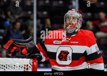 Settembre 22, 2017. Mississauga, ON, Canada - lafreniere olivier sul ghiaccio durante la ohl 2017-18 regular season hockey gioco mississauga steelheads Foto Stock