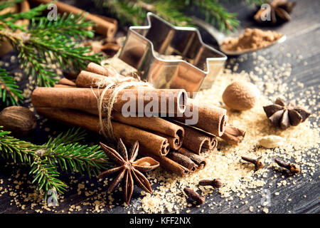 Il natale di spezie e di ingredienti di cottura sul legno scuro dello sfondo. cannella, anice stelle, noce moscata, cardamomo, chiodi di garofano e lo zucchero di canna e cacao in polvere per c Foto Stock