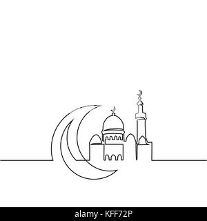 Rappresentazione in linea continua della moschea con luna. Illustrazione Vettoriale Illustrazione Vettoriale