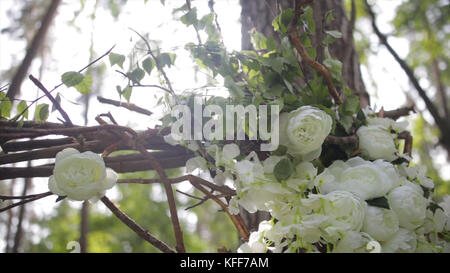 Incantevoli rose bianche. Fiori bianchi ornamentali sul sole luminoso. Teneri rose in giardino. Bellissime rose con foglie e spine verdi. Due gemme di fiori di una rosa bianca da vicino. Bellissimo bokeh e i raggi del sole. Foto Stock