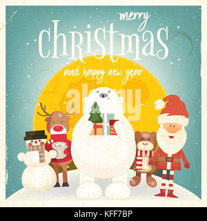 Buon Natale retrò greeting card - santa claus e xmas caratteri. illustrazione. formato quadrato. Foto Stock