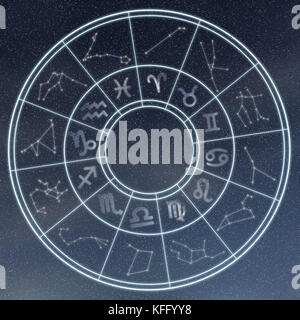 Astrologia e oroscopi concetto. Astrologiche segni zodiacali in cerchio su sfondo stellato. Foto Stock