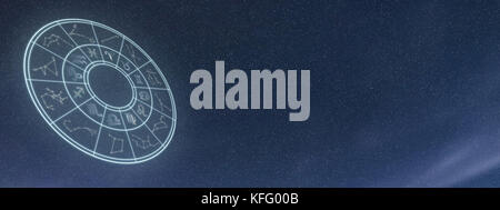 Astrologia e oroscopi concetto. Astrologiche segni zodiacali in cerchio su sfondo stellato. Foto Stock