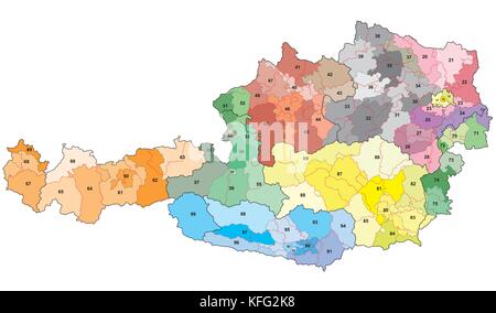 Austria a 2 cifre dei codici postali mappa vettoriale Illustrazione Vettoriale