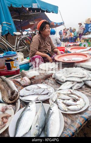 Venditore di pesce nel cappello conico su Hoi An mercato, Vietnam Foto Stock