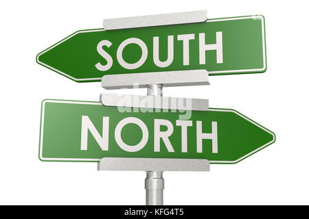 Nord e Sud cartello verde. Il rendering 3D Foto Stock