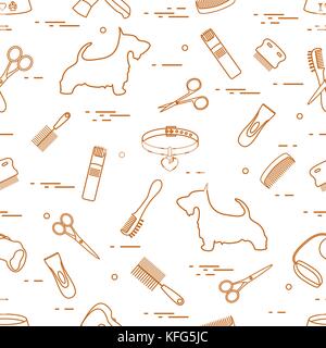 Modello con il cane, pettini, collare, guinzaglio, rasoio, asciugacapelli, ciotola, forbici. health care, toelettatura, prendersi cura di un cane, mostra. Illustrazione Vettoriale