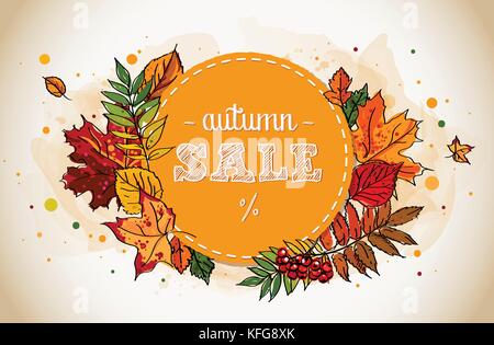 Vendita autunnale flyer modello con disegnati a mano leafs Illustrazione Vettoriale