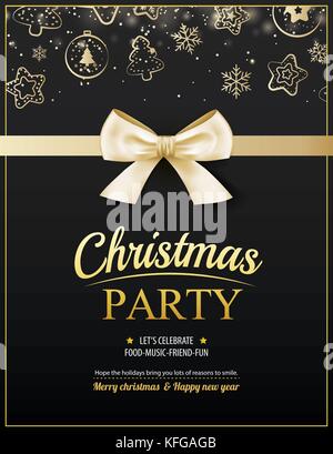 Invito Merry Christmas party poster banner e il design della scheda Modello. happy holiday e il nuovo anno con nastro color oro come tema. Illustrazione Vettoriale