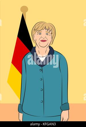 Ottobre 29, 2017. editirial illustrazione del cancelliere tedesco Angela Merkel in Germania sullo sfondo di bandiera Illustrazione Vettoriale