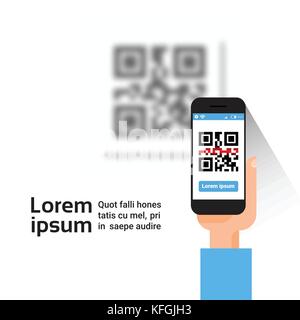 Tenere in mano il telefono intelligente di scansione del codice QR banner con spazio di copia e di scansione di codici a barre con telefono Illustrazione Vettoriale