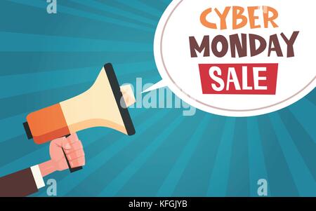 Tenere in mano megafono con cyber lunedì vendita messaggio nella bolla di chat sul perno fino a fumetti design sfondo sconto banner poster Illustrazione Vettoriale