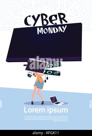 Cyber lunedì vendita poster con donna azienda grande tv al plasma su sfondo bianco, modello banner con copia space design Illustrazione Vettoriale