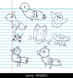 Disegni di uccelli animale sulla carta tramite il lavoro dei bambini. Illustrazione Vettoriale