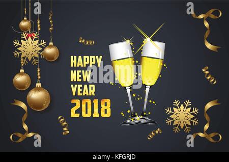 Felice anno nuovo 2018. bicchieri di champagne su sfondo lucido con coriandoli e sfera Illustrazione Vettoriale