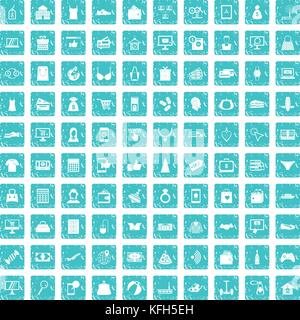 100 shopping online set di icone blu grunge Illustrazione Vettoriale