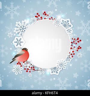 Banner di natale con bullfinch e fiocchi di neve bianca Foto Stock