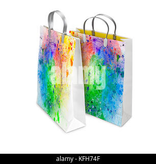 Due borse per lo shopping aperto e chiuso con spruzzi di colore in stile pollock Foto Stock