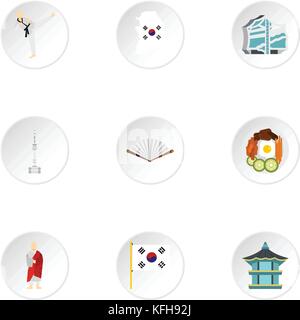 Turismo in Corea del sud set di icone di stile di Piana Illustrazione Vettoriale
