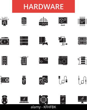 Illustrazione di hardware, linea sottile icone, lineare piano segni e simboli vettoriali, pittogrammi di contorno impostato, corse modificabile Illustrazione Vettoriale