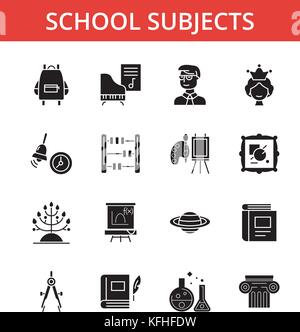 Argomenti scolastici illustrazione, linea sottile icone, lineare piano segni e simboli vettoriali, pittogrammi di contorno impostato, corse modificabile Illustrazione Vettoriale