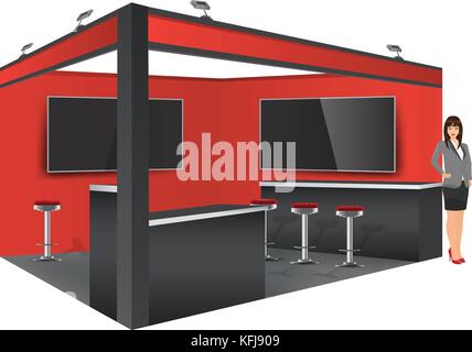 Stand display stand commerciali mockup progettazione, colori bianco e grigio. Illustrazione Vettoriale