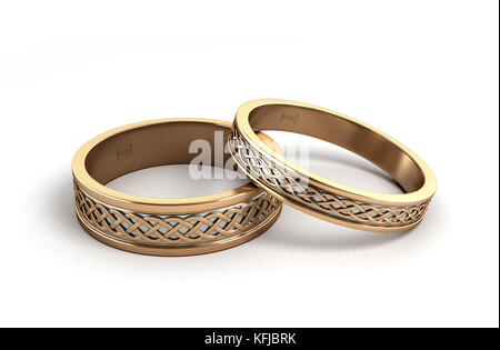 3D render oro anelli di nozze incisi isolato su bianco Foto Stock