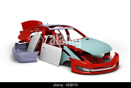 Concept car dipinte di rosso il corpo e Pezzi con appretto vicino isolati su sfondo bianco 3D render Foto Stock