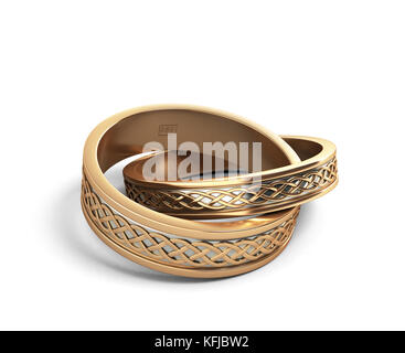 3D render oro anelli di nozze incisi isolato su bianco Foto Stock