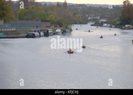 Skiff vogatori sul fiume Tamigi a Hampton Court Foto Stock