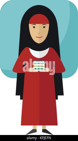 Illustrazione vettoriale della ragazzina musulmana con libri in vestiti nazionali. concetto di apprendimento con studente arabo Illustrazione Vettoriale