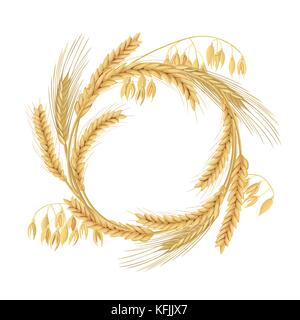 Ghirlanda di farina di frumento, orzo, avena e segale picchi. quattro grani di cereali con le orecchie e spazio libero Illustrazione Vettoriale