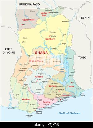 Il ghana politica e amministrativa di mappa vettoriale Illustrazione Vettoriale