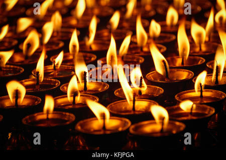 Candele accese nel tempio buddista. Dharamsala, Himachal Pradesh Foto Stock