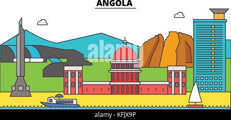 Angola contorno dello skyline della città, illustrazione lineare, banner, viaggio landmark, edifici silhouette,vettore Illustrazione Vettoriale