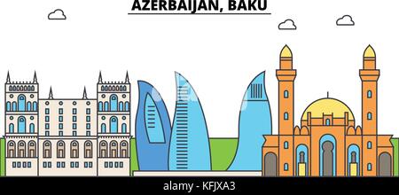 Azerbaigian, Baku contorno dello skyline della città, illustrazione lineare, banner, viaggio landmark, edifici silhouette,vettore Illustrazione Vettoriale