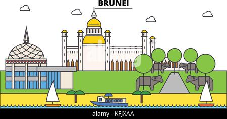Profilo di brunei skyline della città, illustrazione lineare, banner, viaggio landmark, edifici silhouette,vettore Illustrazione Vettoriale