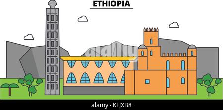 Etiopia contorno dello skyline della città, illustrazione lineare, banner, viaggio landmark, edifici silhouette,vettore Illustrazione Vettoriale