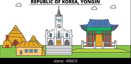 Corea del sud, yongin contorno dello skyline della città, illustrazione lineare, banner, viaggio landmark, edifici silhouette,vettore Illustrazione Vettoriale