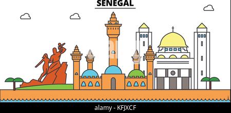 Senegal contorno dello skyline della città, illustrazione lineare, banner, viaggio landmark, edifici silhouette,vettore Illustrazione Vettoriale