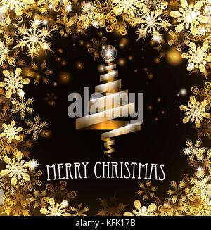 Oro Merry albero di Natale Snowflakes sfondo Illustrazione Vettoriale