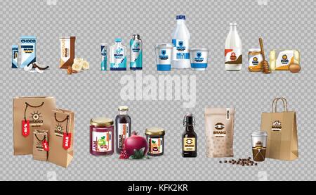 Vector realistico prodotti alimentari latte e miele bottiglie, uova, marmellata, choco bar, caffè, bevanda energetica di imballaggio. 3d dettagliate mock up design etichetta Illustrazione Vettoriale