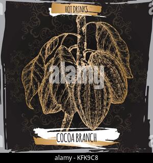 Cocoa Tree aka Theobroma cacao il ramo schizzo con foglie e fagioli su nero. bevande calde collezione. Illustrazione Vettoriale