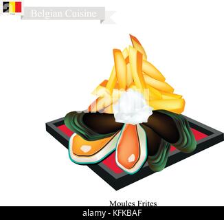 Cucina belga, illustrazione di moules frites o cotti a vapore tradizionale le cozze e le patatine fritte. il piatto nazionale del Belgio. Illustrazione Vettoriale