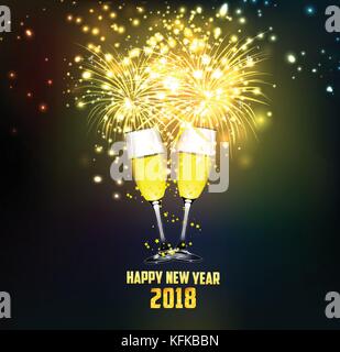 Felice anno nuovo 2018. bicchieri di champagne su sfondo lucido con fuochi d'artificio Illustrazione Vettoriale