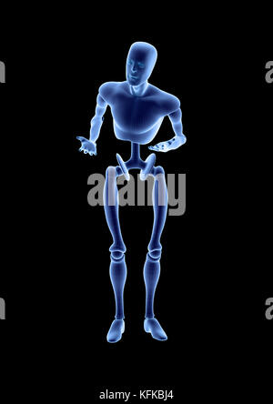 Blue robot umanoide android in piedi in un interrogatorio pongono. isolato su sfondo nero. 3d illustrazione Foto Stock