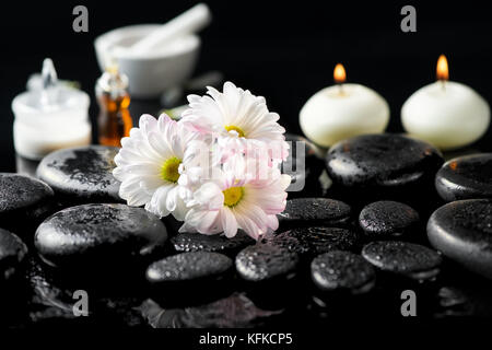 Spa concept di Daisy bianca fiori e candele, olio profumato e zen pietre di basalto con gocce d'acqua su sfondo nero Foto Stock