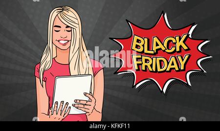 Venerdì nero vendita poster con ragazza utilizzando computer tavoletta su pop art sfondo stile retrò banner Illustrazione Vettoriale